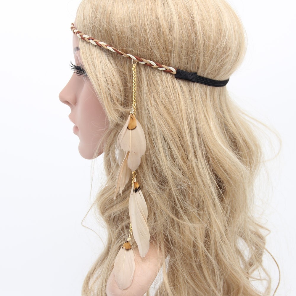 Gevlochten hoofdband met veertjes, kleur blond